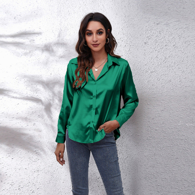 Elegant Loose Long Sleeve Satin Silk Women's Shirt
