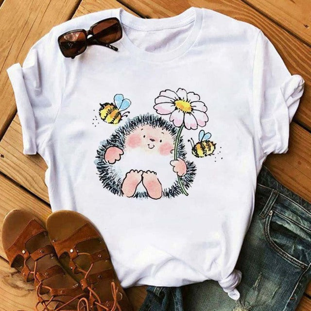 Maycaur Women's Cute Hedgehog Dandelion Print T-Shirt