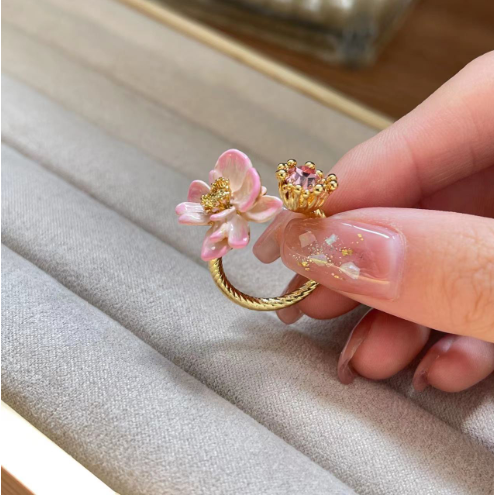 Three-Dimensional Flower Enamel Ring for Women