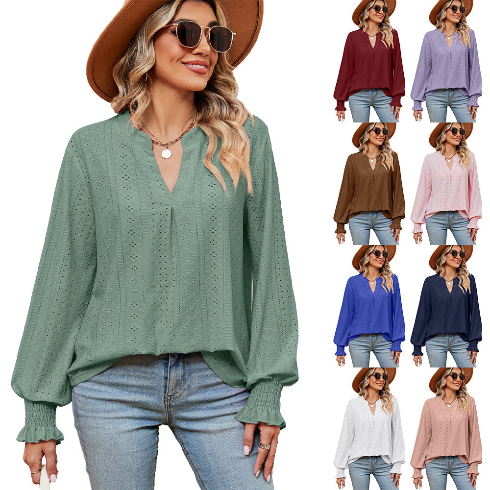 Women's Casual Loose V-Neck Long Sleeve T-Shirt