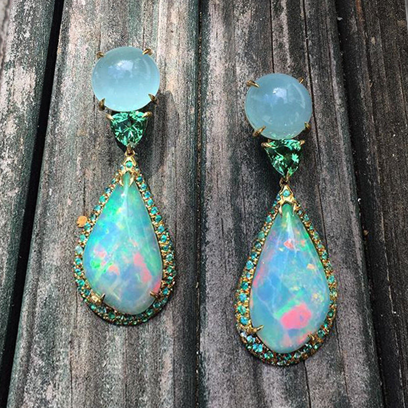 Noble Imitation Jade Opal Earrings with Emerald and Diamonds