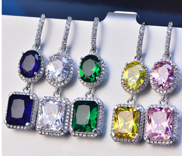 Zircon Earrings with Long Dual Pendant Design