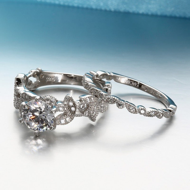 New European Princess Ring Set with Diamond Leaf Design