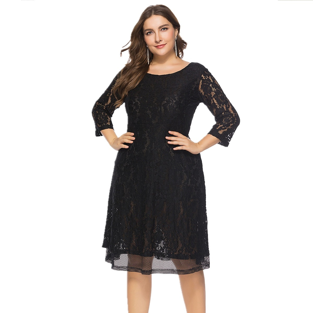 Large Size Women's Round Neck Lace Dress for All Seasons