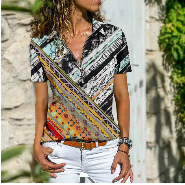 Women's Casual Printed Short Sleeve Zipper T-Shirt