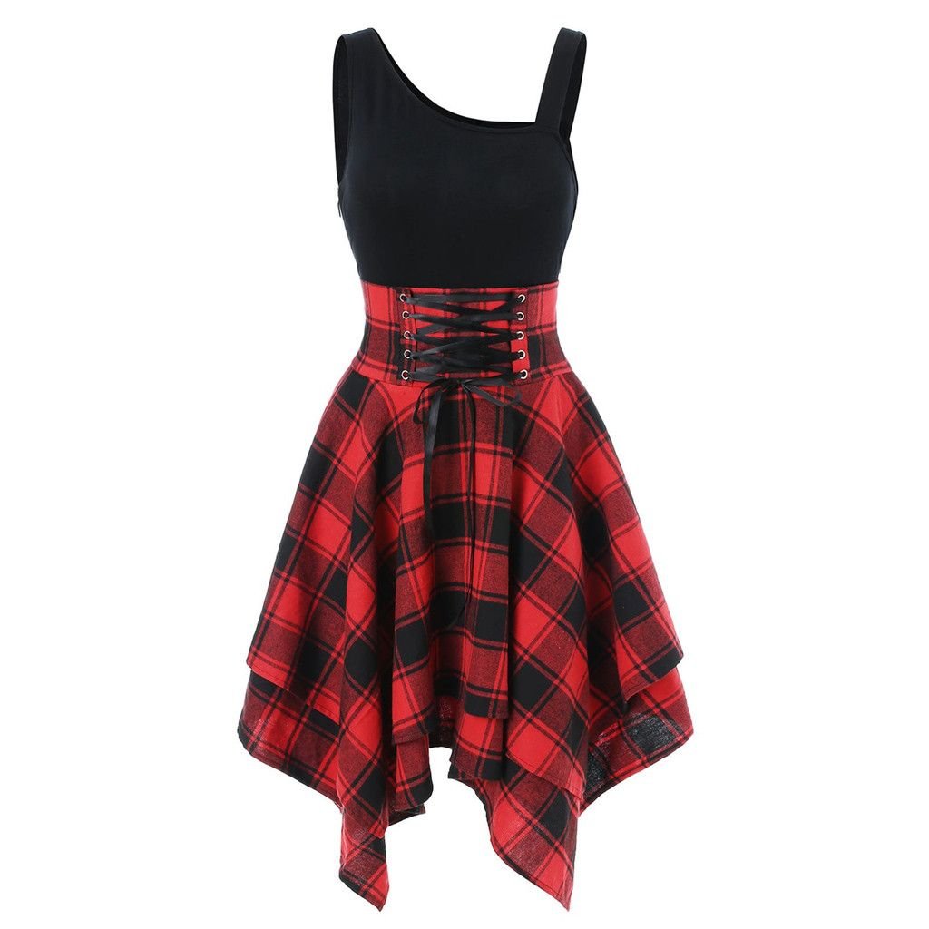 Irregular Plaid Dress with Elastic Waist and Suspenders