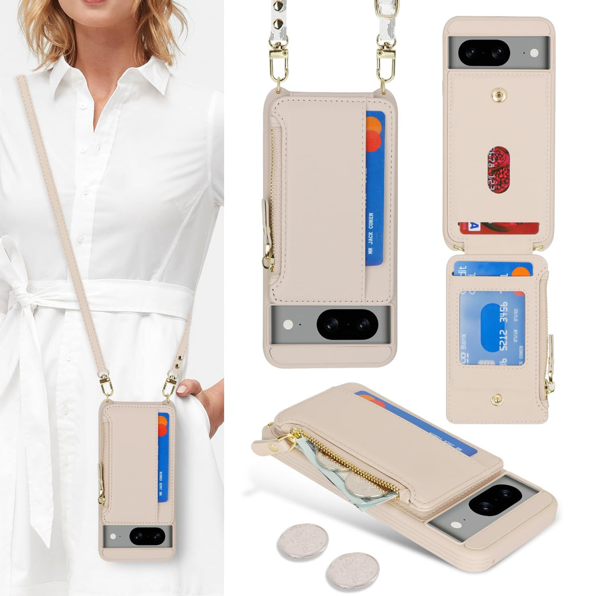 Cavor for Google Pixel 8 Case Wallet,Phone Case for Pixel 8 Crossbody Case with Strap,Pixel 8 Wallet Case for Women,Leather Zipper Pocket Card Holder Case-Cream