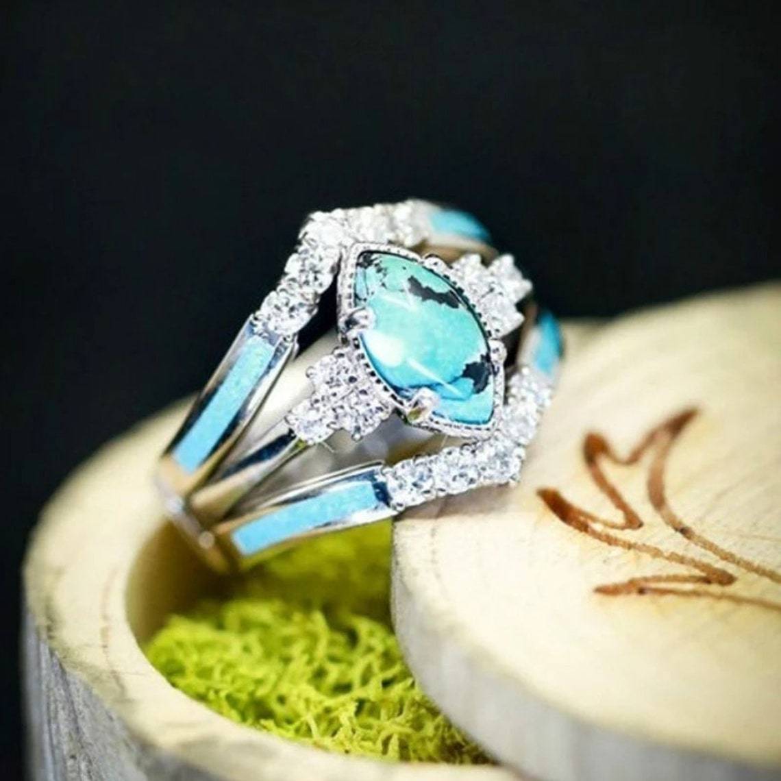 Retro Turquoise Diamond Three-Piece Ring Set