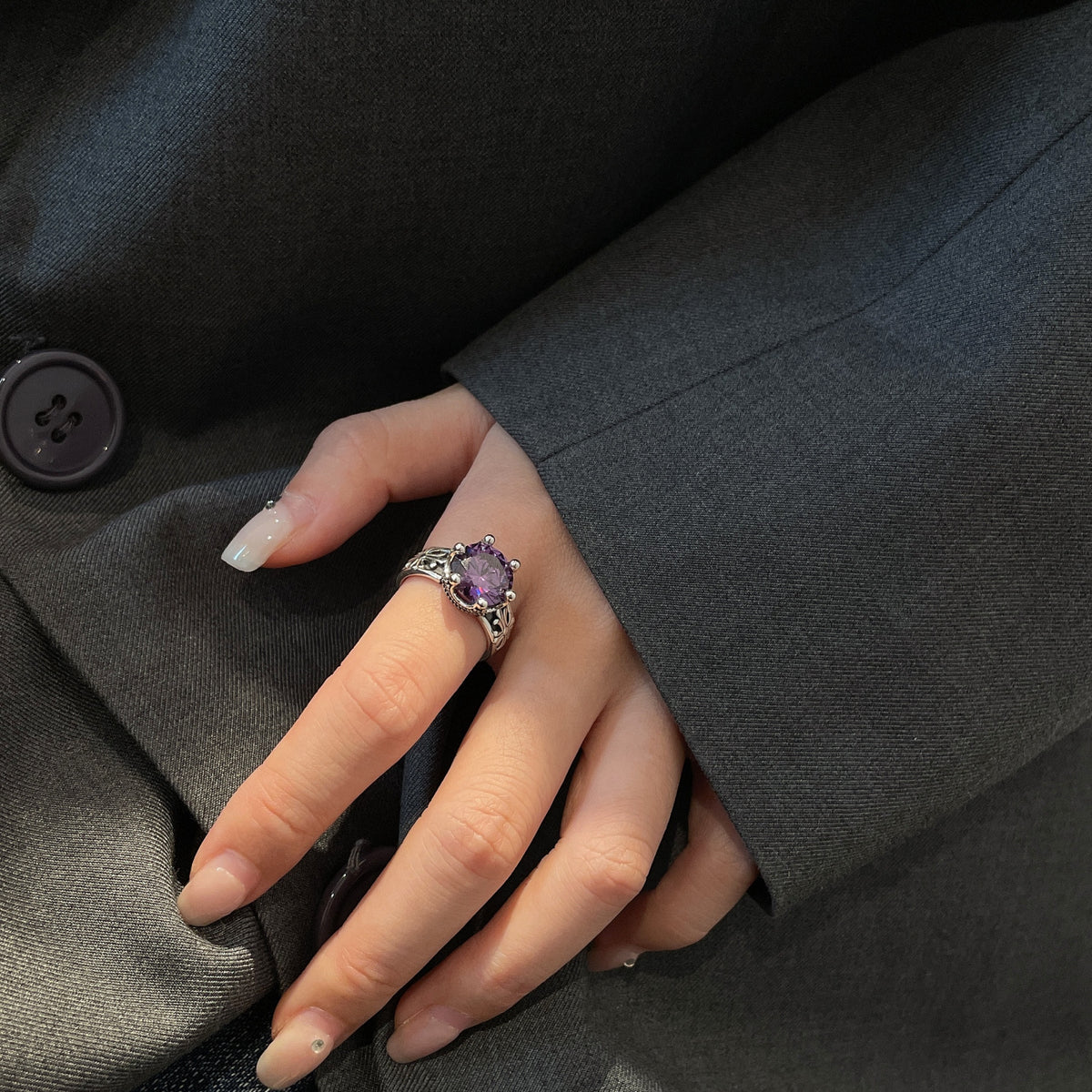 Vintage Purple Zircon Crown Ring in S925 Sterling Silver