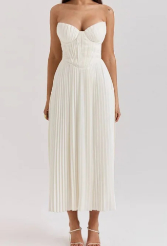 Ivory Pleated Maxi Dress with Elegant V-Neck (One Piece)