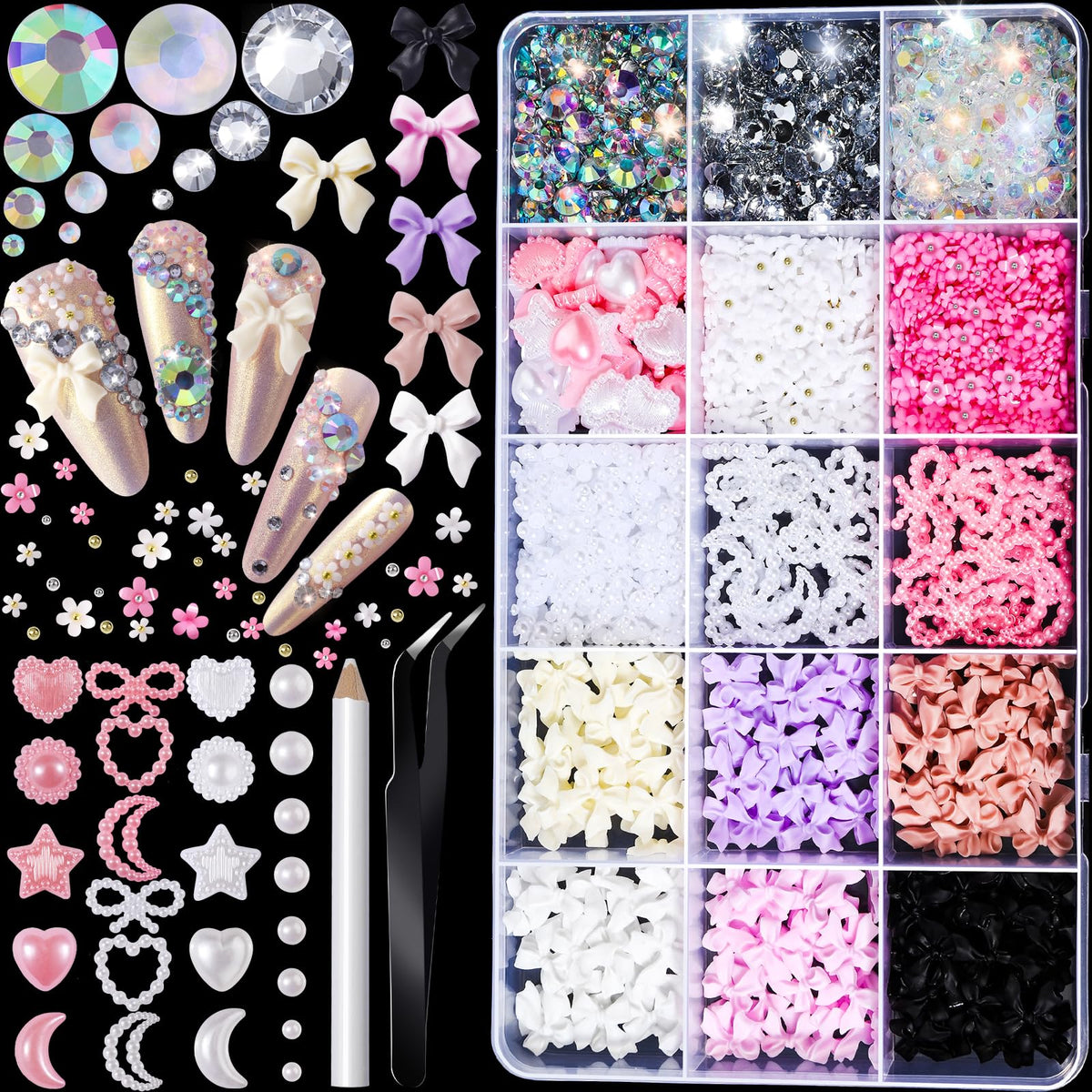 FANDAMEI Nail Art Kit Nail Charms and Gems Nail Art Charms Nail Design Kit Rhinestones for Nails Nail Gems Bow Nail Charms Bow Charms for Nails Flower Nail Charms Pearls for Nails