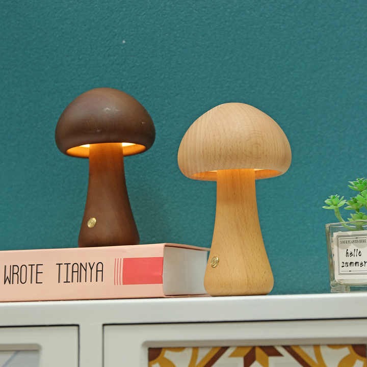 Wooden Mushroom LED Night Light - Rechargeable & Portable