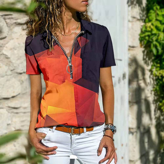Women's Casual Printed Short Sleeve Zipper T-Shirt