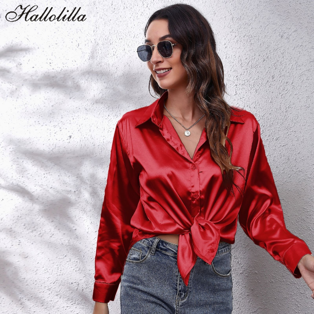 Elegant Loose Long Sleeve Satin Silk Women's Shirt