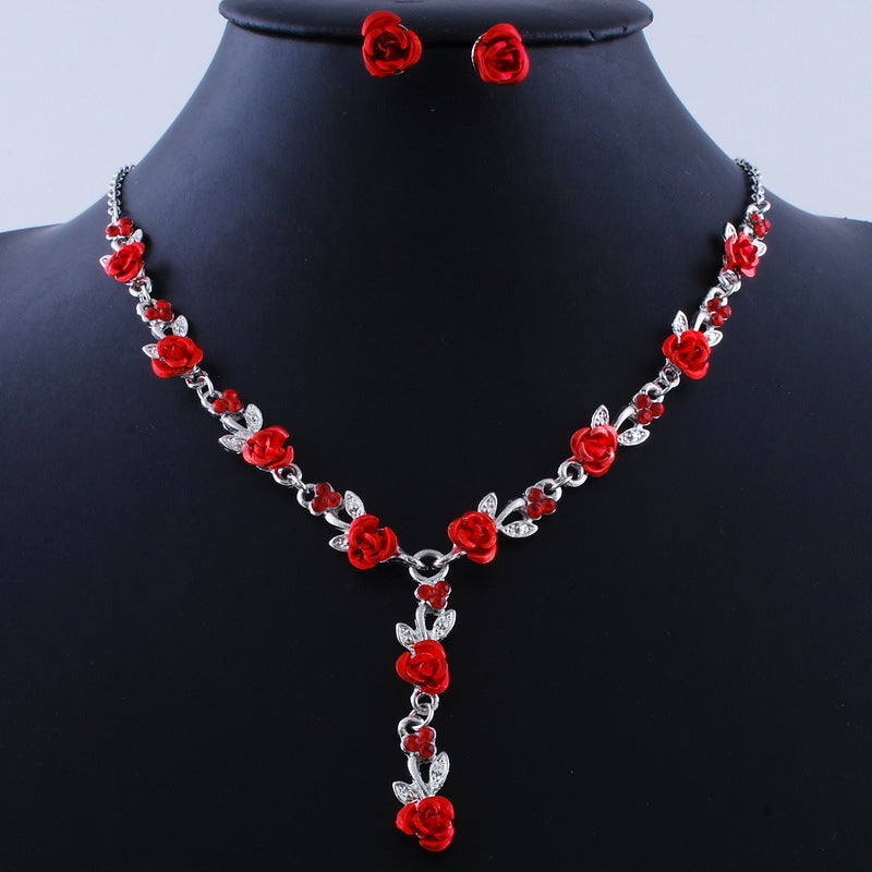 Fashion Rose Alloy Rhinestone Necklace Earring Set