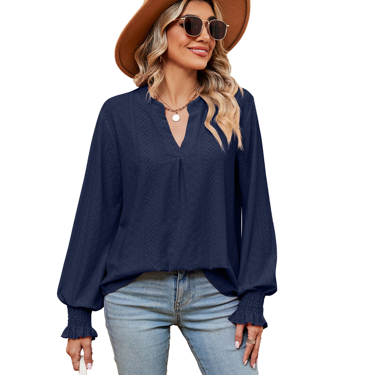 Women's Casual Loose V-Neck Long Sleeve T-Shirt