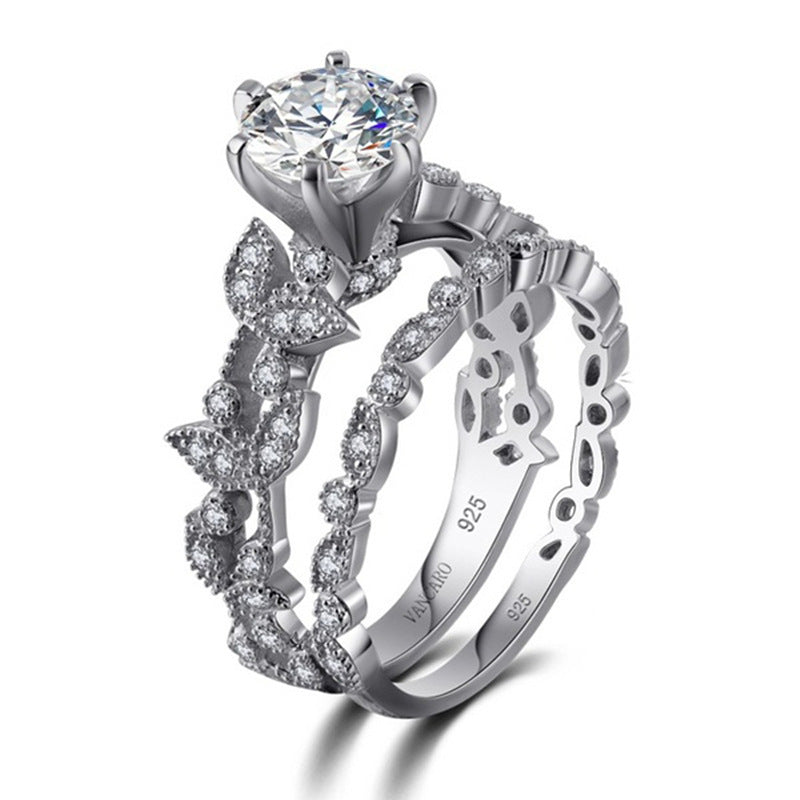 New European Princess Ring Set with Diamond Leaf Design