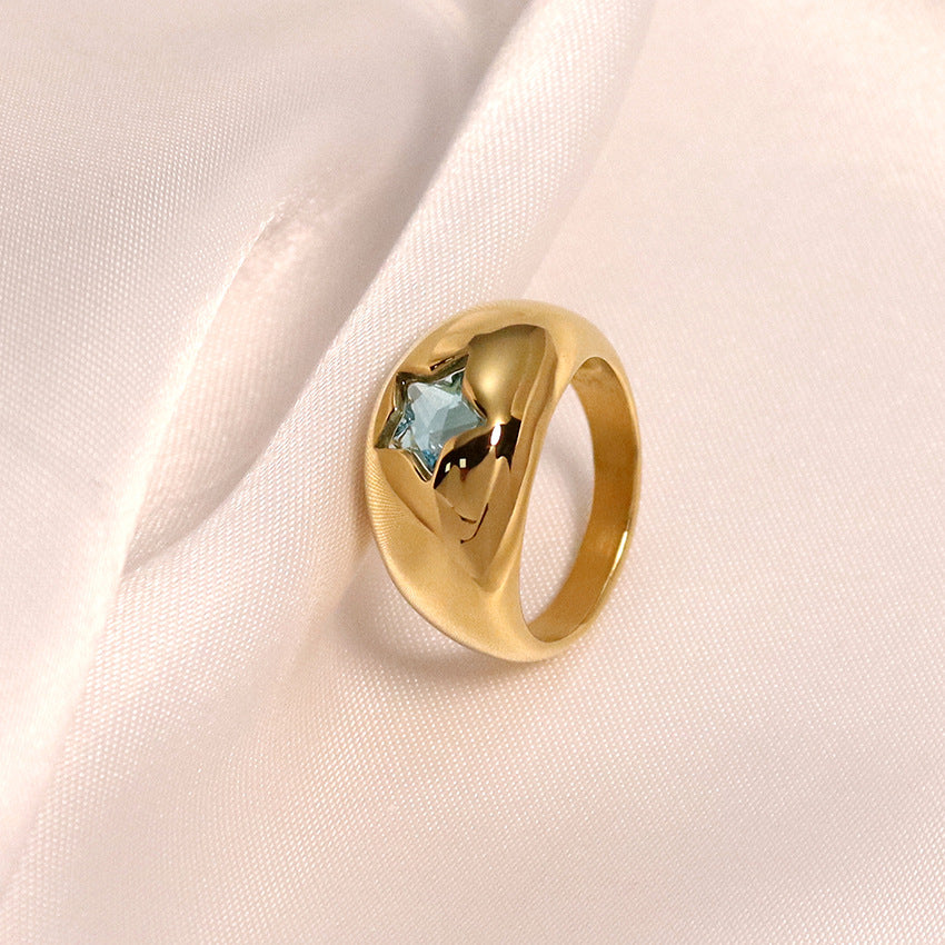 Titanium Steel Gold Pentagram Zircon Inlaid Ring