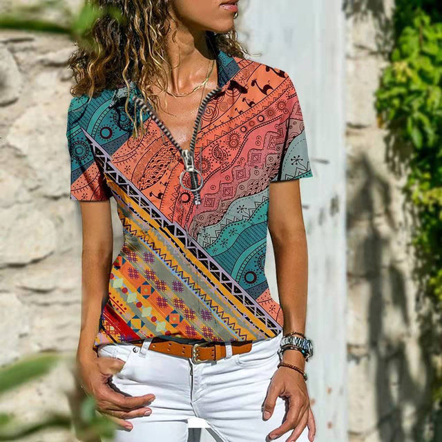 Women's Casual Printed Short Sleeve Zipper T-Shirt