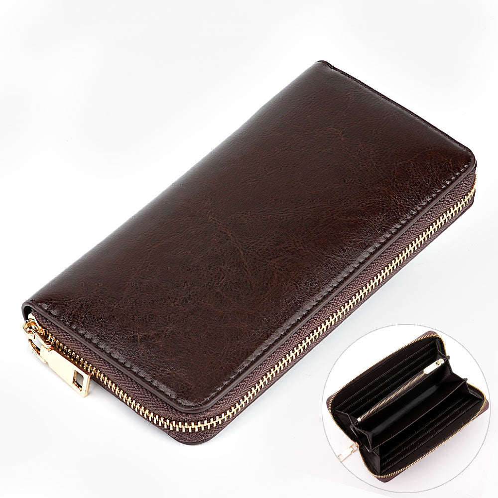 Cross-border Oil Wax Cowhide Women's Wallet Leather Long Zipper Men's Wallet Japan Amazon Explosions