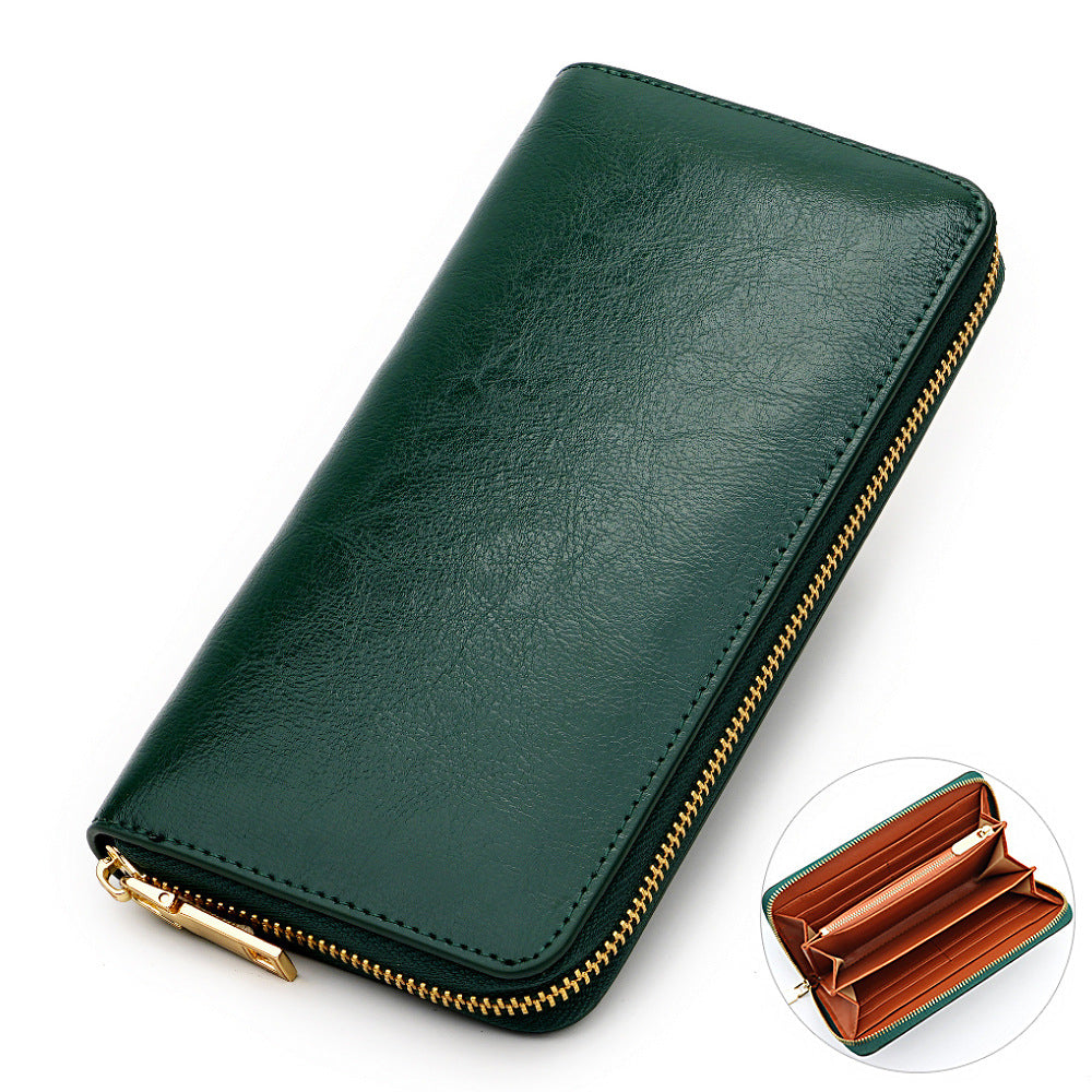Cross-border Oil Wax Cowhide Women's Wallet Leather Long Zipper Men's Wallet Japan Amazon Explosions