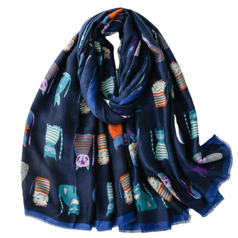 European and American exports to France for autumn and winter cotton and linen hand scarf fashion cartoon kitten combination scarf warm shawl ladies