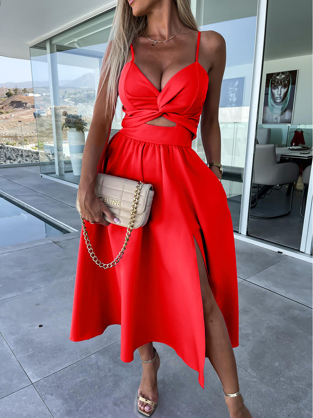 Europe and the United States cross-border foreign trade new women's Amazon suspenders V-neck large pendulum dress slim-fit backless mid-length dress