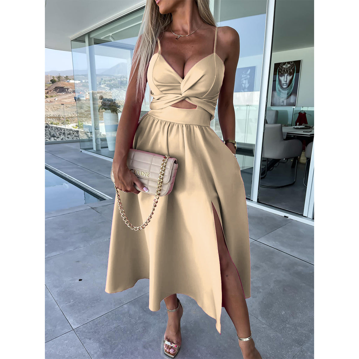 Europe and the United States cross-border foreign trade new women's Amazon suspenders V-neck large pendulum dress slim-fit backless mid-length dress