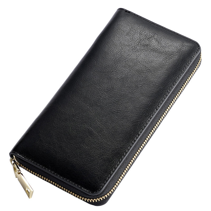 Cross-border Oil Wax Cowhide Women's Wallet Leather Long Zipper Men's Wallet Japan Amazon Explosions