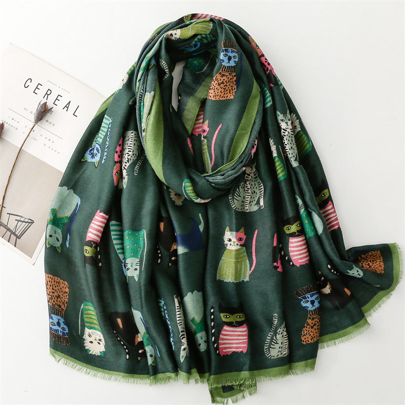 European and American exports to France for autumn and winter cotton and linen hand scarf fashion cartoon kitten combination scarf warm shawl ladies