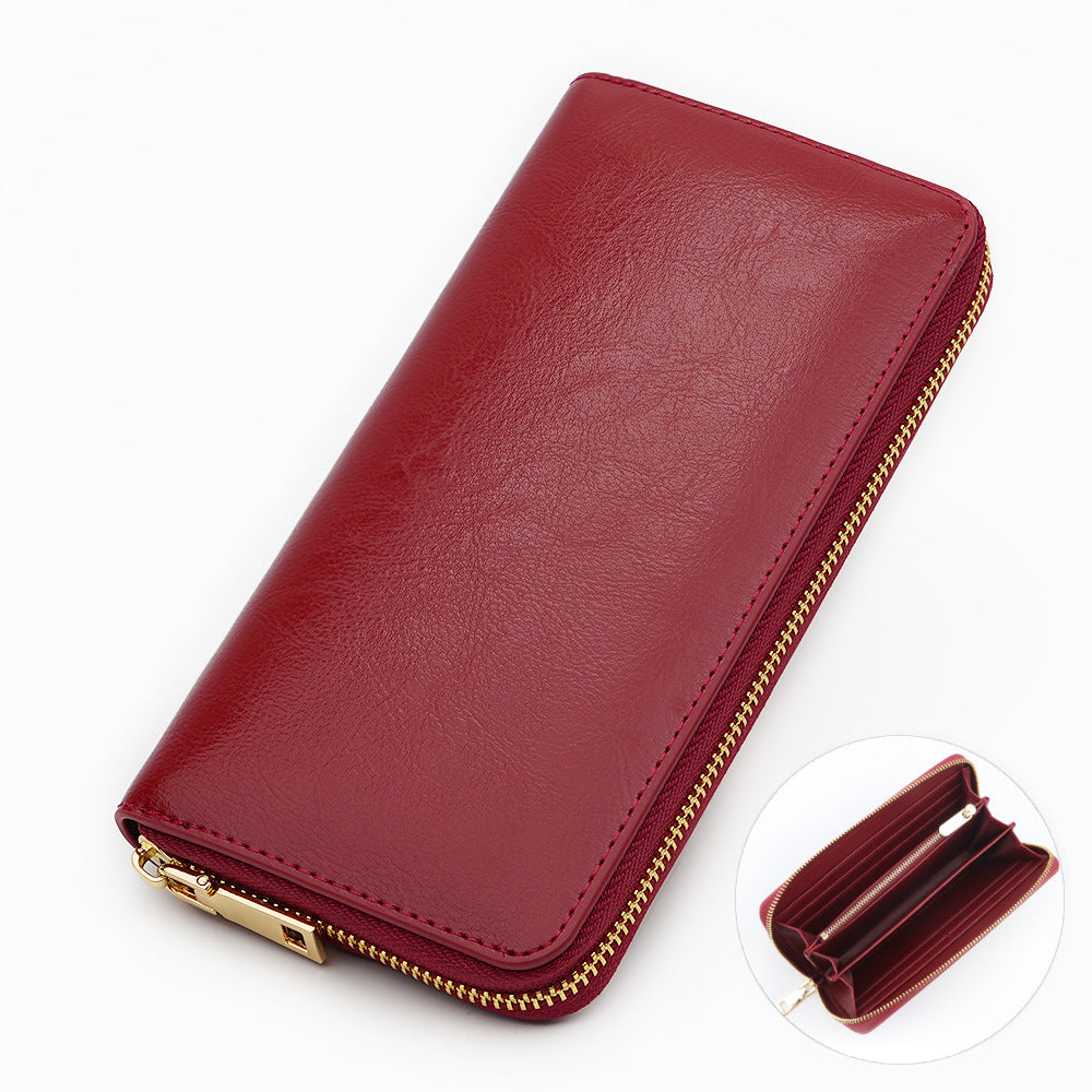 Cross-border Oil Wax Cowhide Women's Wallet Leather Long Zipper Men's Wallet Japan Amazon Explosions