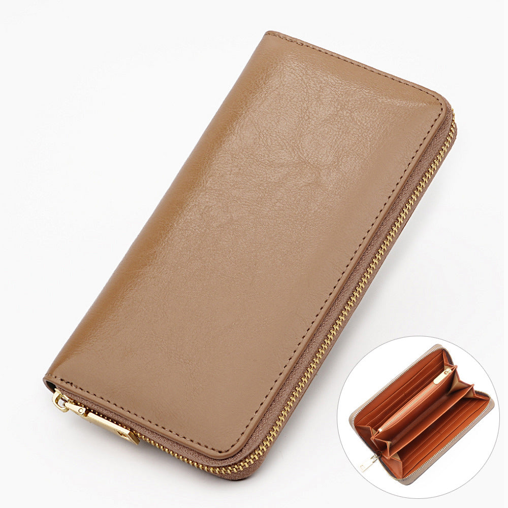 Cross-border Oil Wax Cowhide Women's Wallet Leather Long Zipper Men's Wallet Japan Amazon Explosions