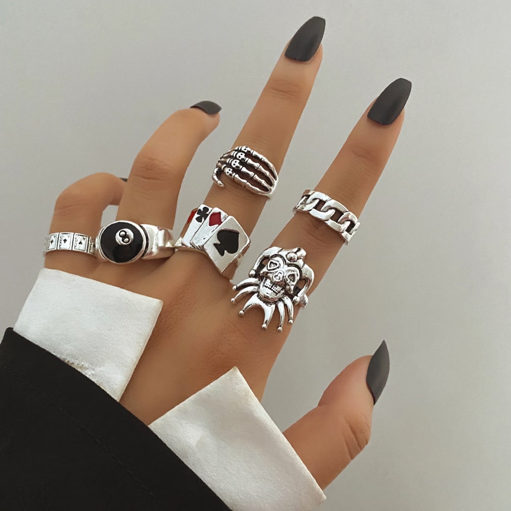 Retro Clown Drip Ring Set - 6-Piece Alloy Poker Cards