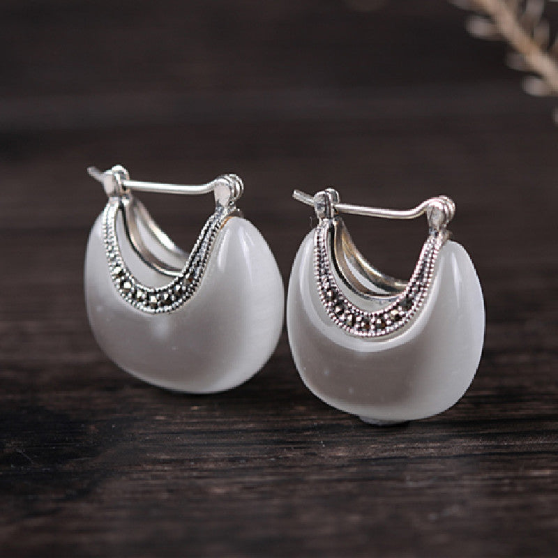 925 Silver Vintage Cat's Eye Stone Earrings (Gift)