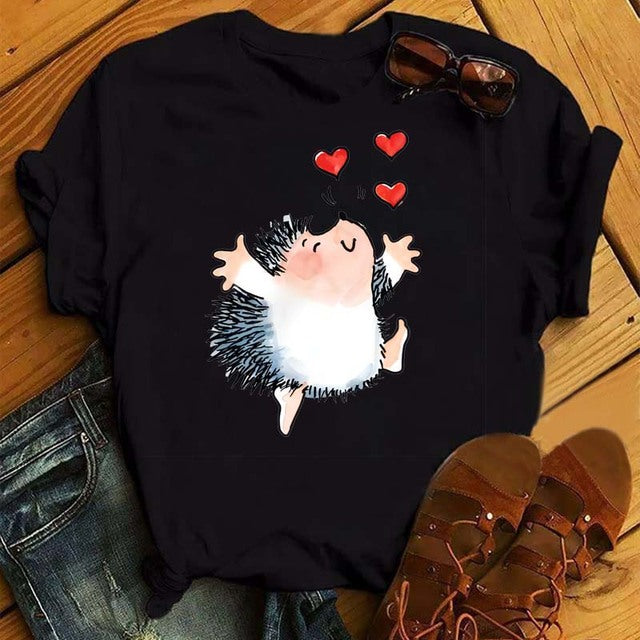 Maycaur Women's Cute Hedgehog Dandelion Print T-Shirt