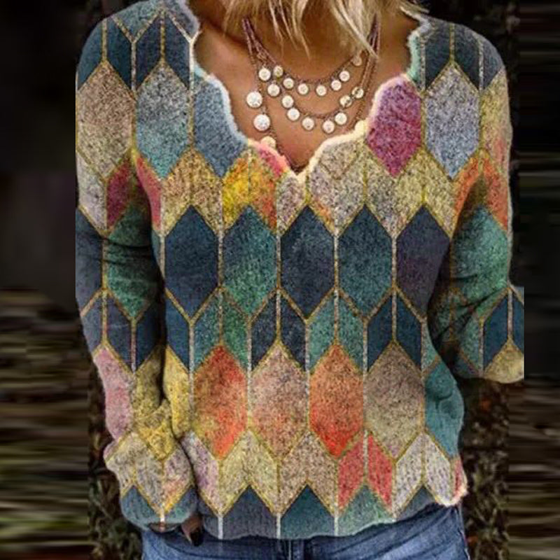 Women's Printed Long Sleeve V-Neck Sweater