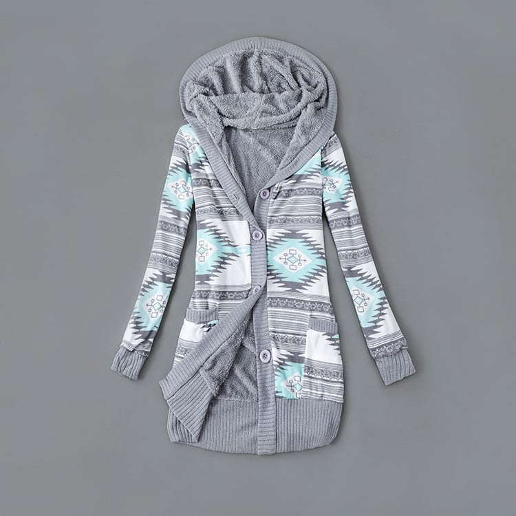 Thick Printed Hooded Knitted Cardigan Jacket