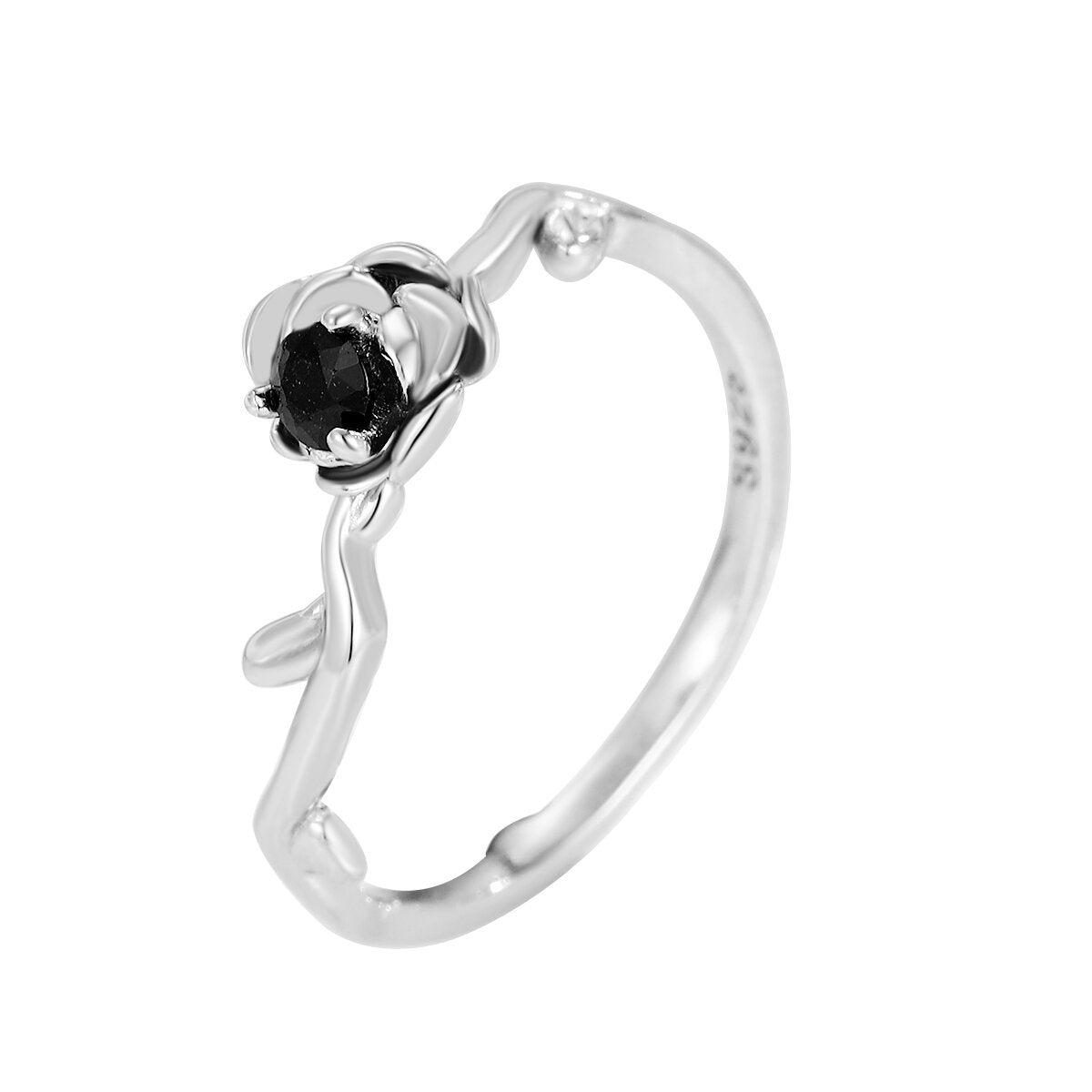 925 Silver Black Diamond Rose Flower Open Ring