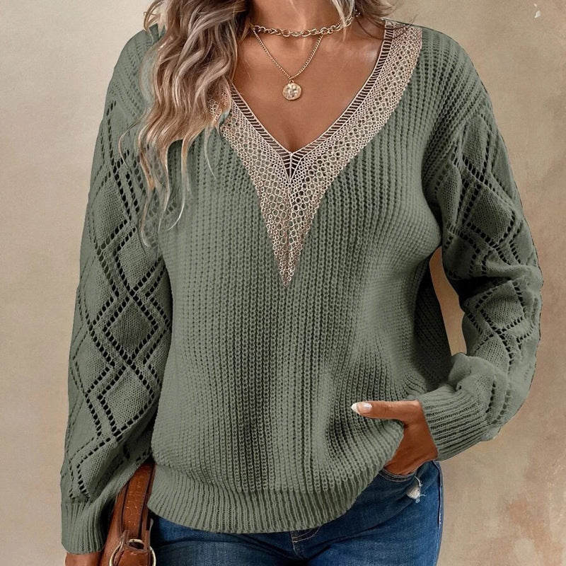 V-neck Loose Casual Pullover Sweater for Women