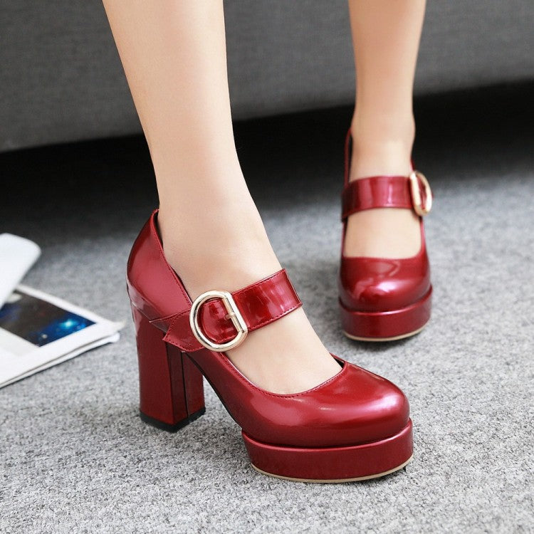 Women's Chunky Heeled Shoes with Buckle (Sizes 40-48)