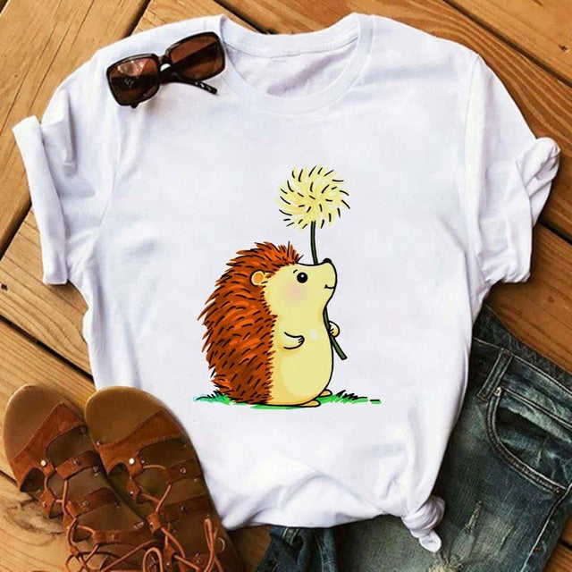 Maycaur Women's Cute Hedgehog Dandelion Print T-Shirt