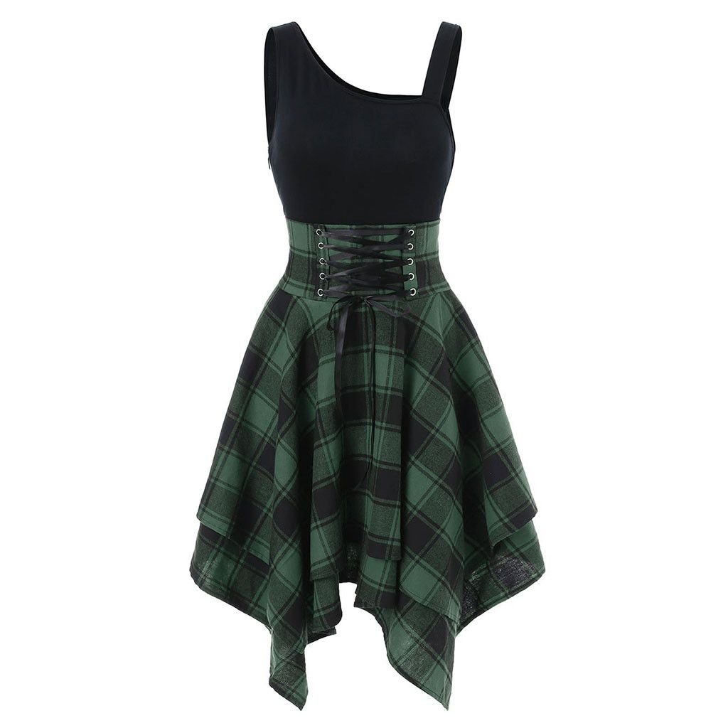 Irregular Plaid Dress with Elastic Waist and Suspenders
