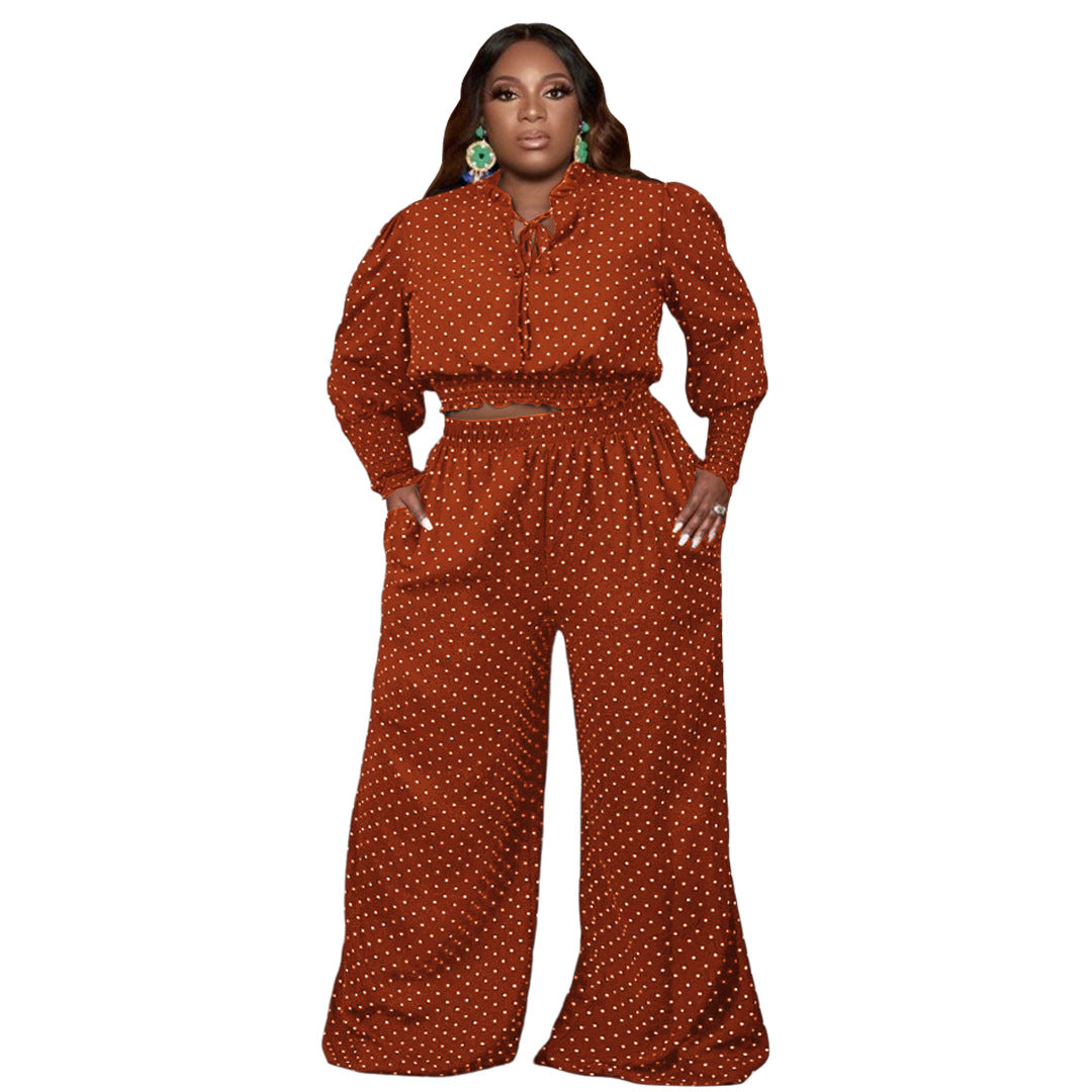Polka Dot Tie Up Wide Leg Pants Two-Piece Set