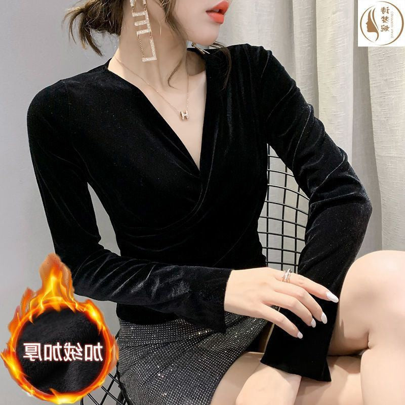 Velvet Long Sleeve Top for Women - Black Plush Shirt