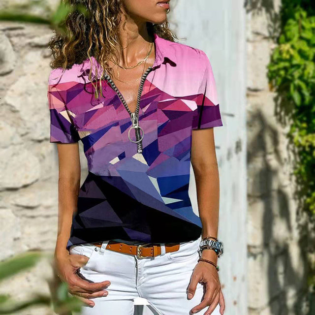 Women's Casual Printed Short Sleeve Zipper T-Shirt