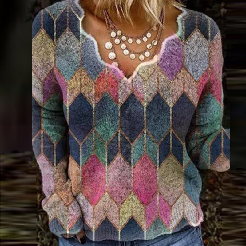 Women's Printed Long Sleeve V-Neck Sweater