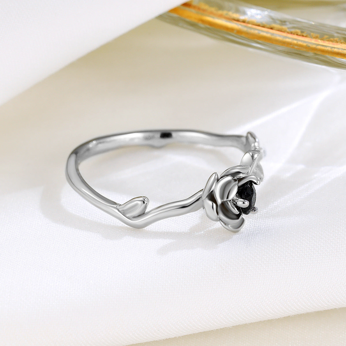 925 Silver Black Diamond Rose Flower Open Ring