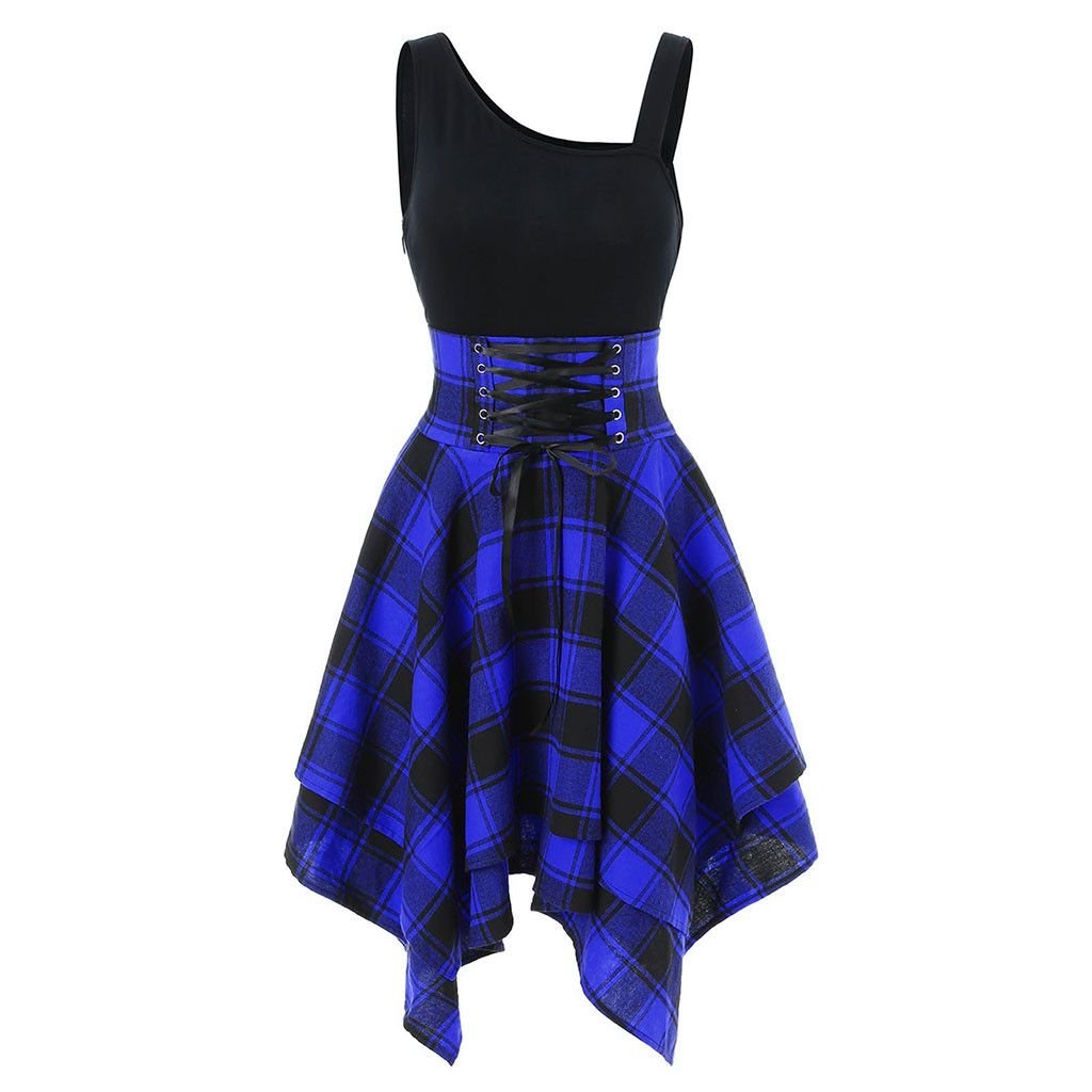 Irregular Plaid Dress with Elastic Waist and Suspenders