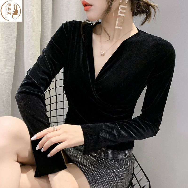 Velvet Long Sleeve Top for Women - Black Plush Shirt