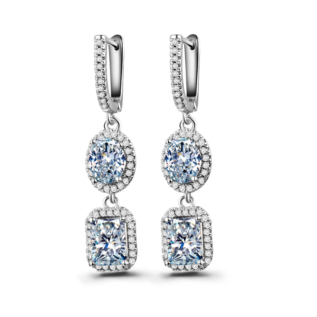 Zircon Earrings with Long Dual Pendant Design